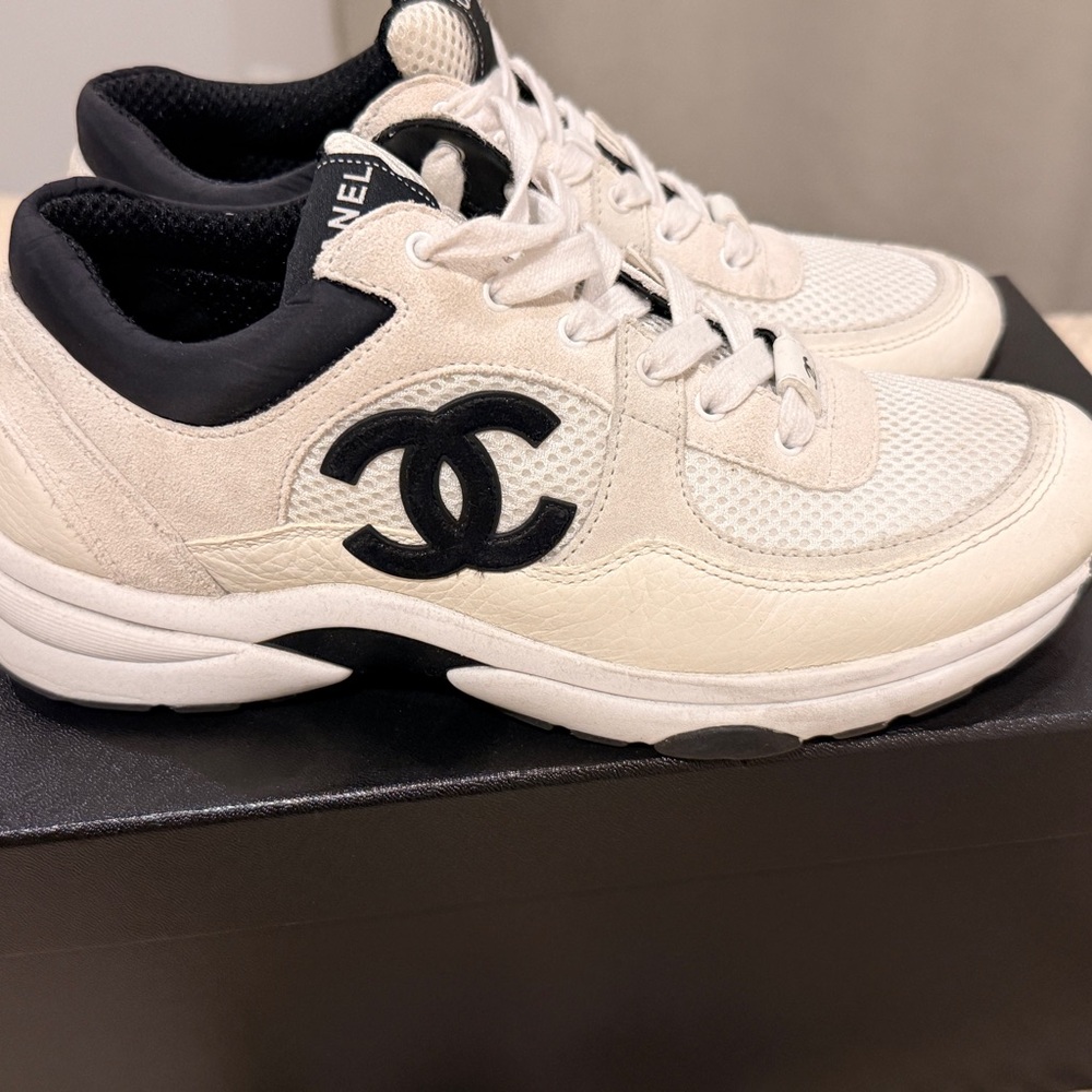 CHANEL White and Black Sneakers